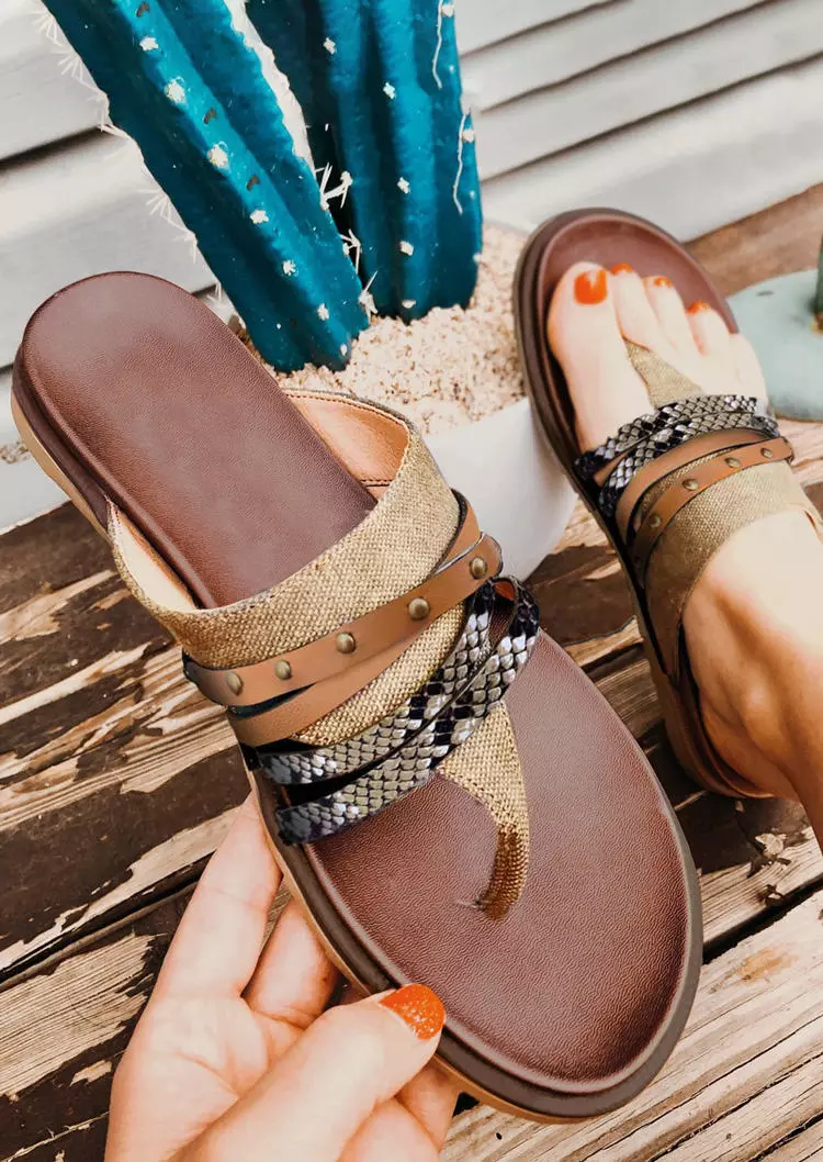 Rivet Flip Flops Flat Slippers - Brown 3 Rivet Flip Flops Flat Slippers - Brown