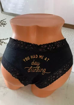 You Had Me At Day Drinking Lace Splicing Panties - Black