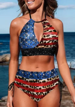 American Flag Leopard Hollow Out Bikini Set