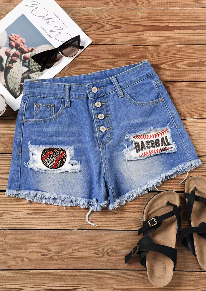 Mom Baseball Leopard Pocket Button Denim Shorts - Blue 4 Mom Baseball Leopard Pocket Button Denim Shorts - Blue - Image 2