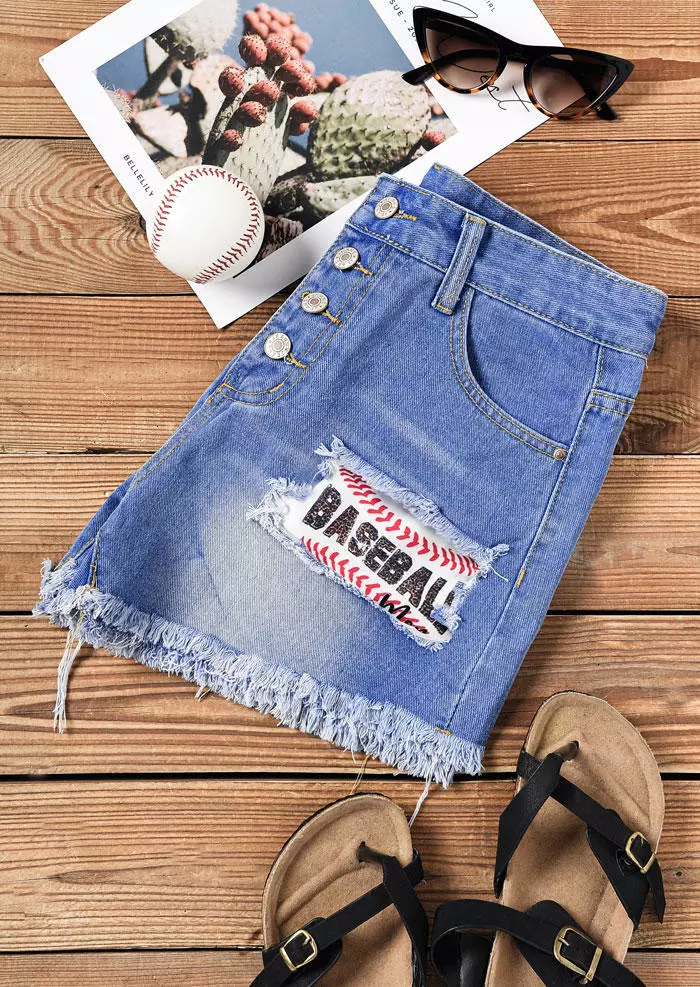 Mom Baseball Leopard Pocket Button Denim Shorts - Blue 5 Mom Baseball Leopard Pocket Button Denim Shorts - Blue - Image 3