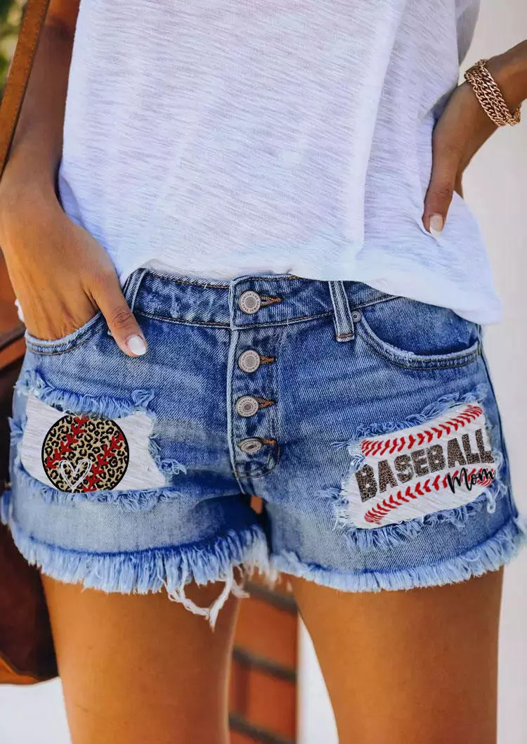 Mom Baseball Leopard Pocket Button Denim Shorts - Blue 3 Mom Baseball Leopard Pocket Button Denim Shorts - Blue