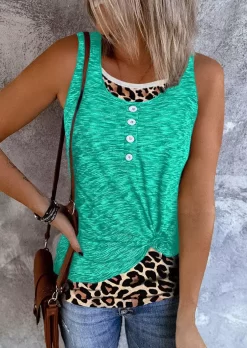 Leopard Twist Button Fake Two-Piece Tank - Green