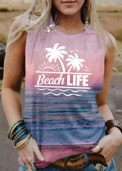 Beach Life Coconut Tree Gradient O-Neck Tank