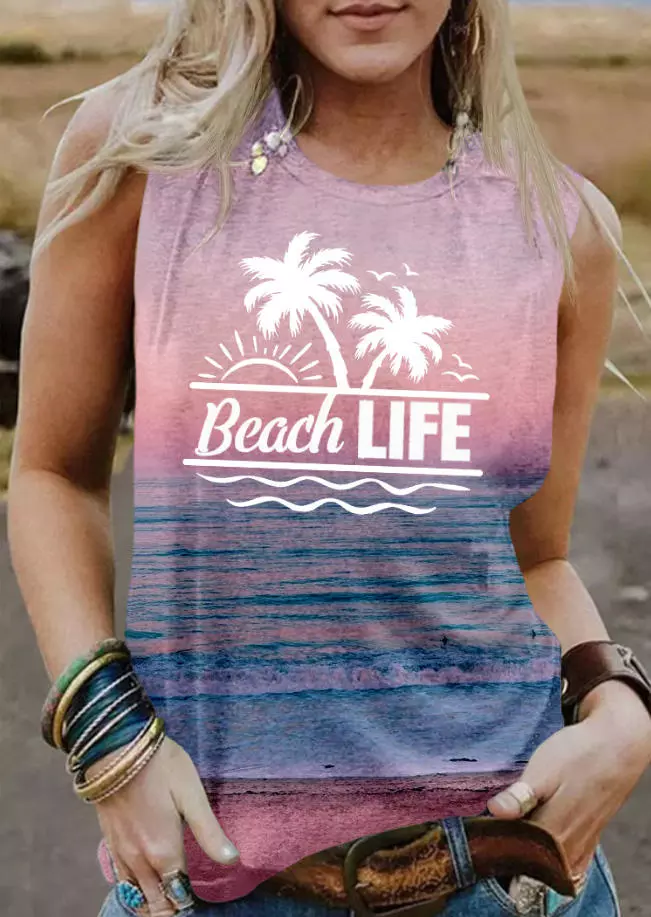 Beach Life Coconut Tree Gradient O-Neck Tank 3 Beach Life Coconut Tree Gradient O-Neck Tank