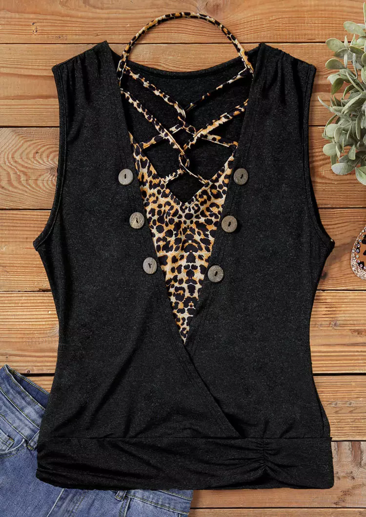 Leopard Criss-Cross Button Fake Two-Piece Tank - Black 4 Leopard Criss-Cross Button Fake Two-Piece Tank - Black - Image 2