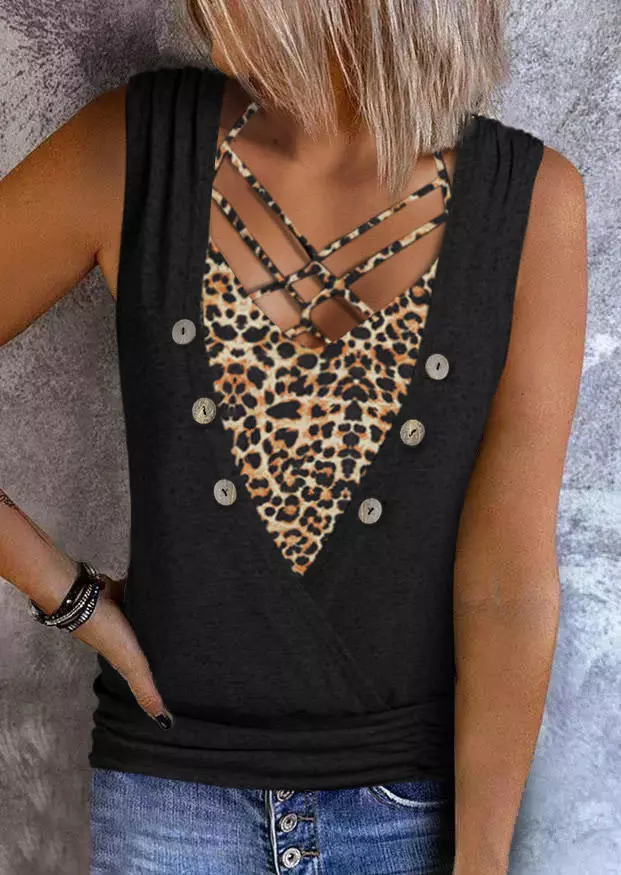 Leopard Criss-Cross Button Fake Two-Piece Tank - Black 3 Leopard Criss-Cross Button Fake Two-Piece Tank - Black