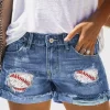 Baseball Patch Pocket Denim Shorts - Blue