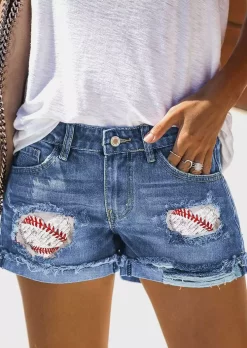 Baseball Patch Pocket Denim Shorts - Blue