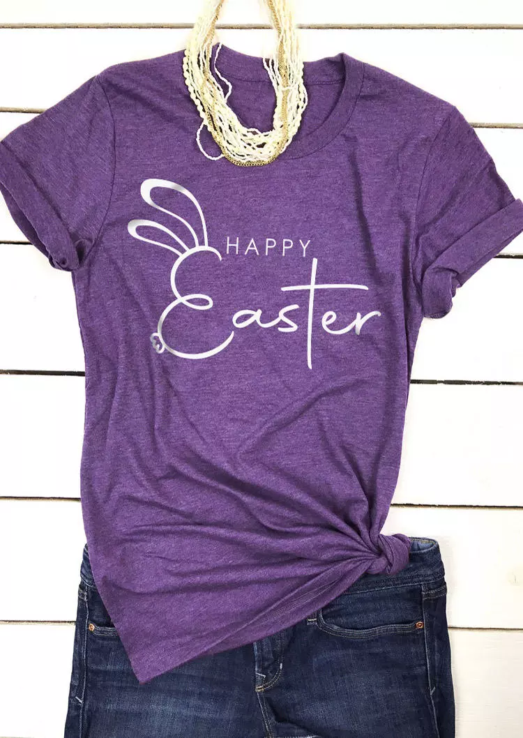 Happy Easter Rabbit O-Neck T-Shirt Tee - Purple 3 Happy Easter Rabbit O-Neck T-Shirt Tee - Purple