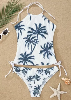 Coconut Tree Drawstring Halter Tankini Set - White -Garment Sale Store SCM013414 1 22439078659977 124