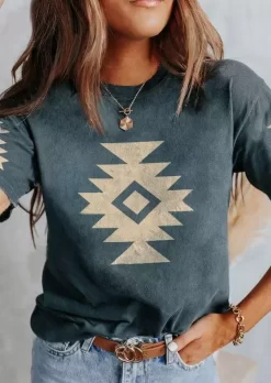 Aztec Geometric O-Neck T-Shirt Tee - Cyan
