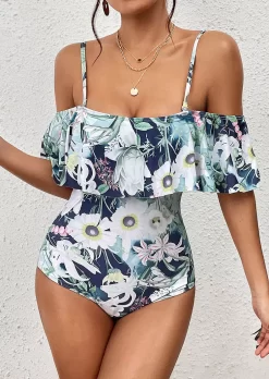 Floral Ruffled Cold Shoulder One-Piece Swimsuit