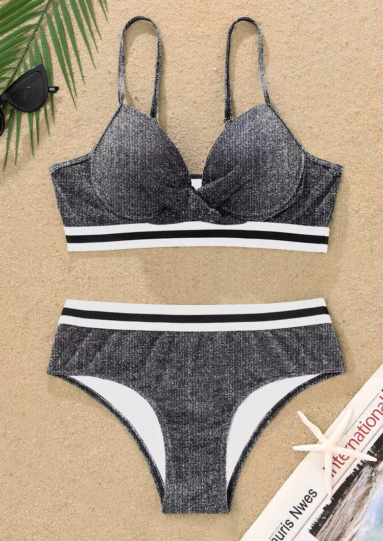 Striped Spaghetti Strap Bikini Set - Dark Grey 4 Striped Spaghetti Strap Bikini Set - Dark Grey - Image 2