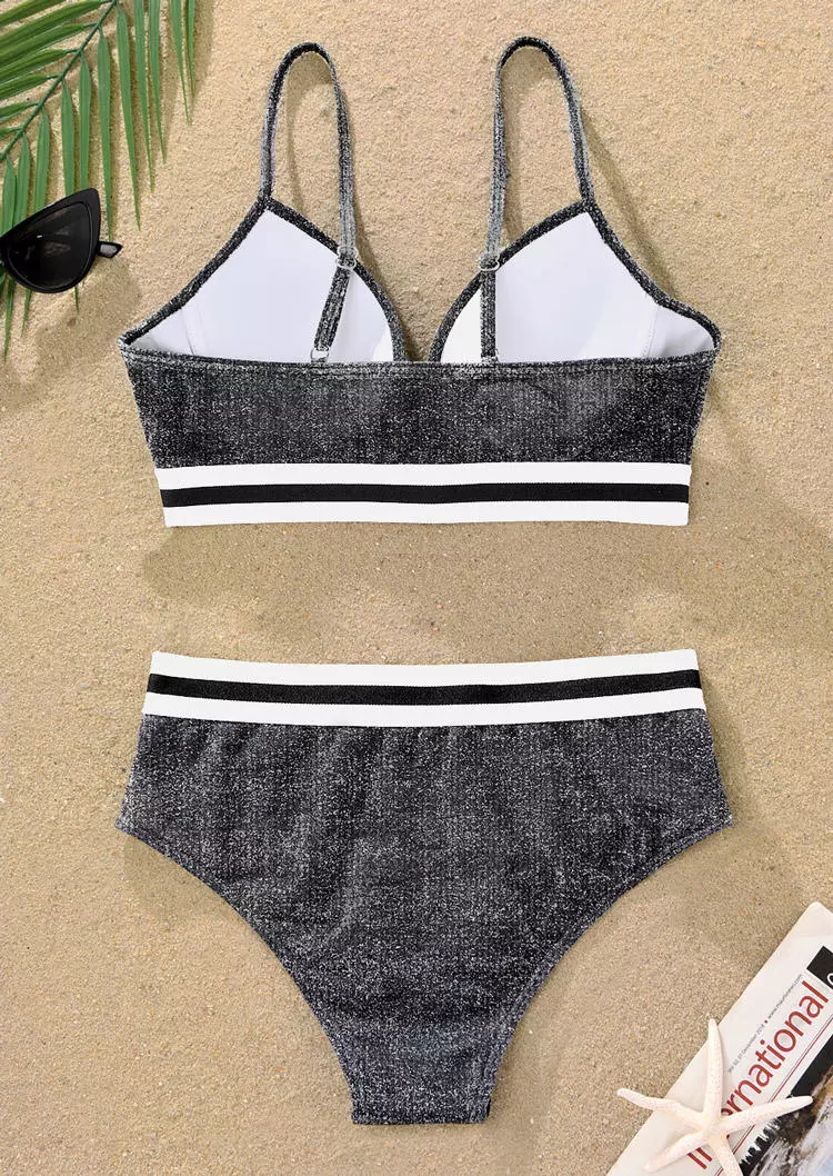 Striped Spaghetti Strap Bikini Set - Dark Grey 5 Striped Spaghetti Strap Bikini Set - Dark Grey - Image 3
