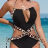 Leopard Halter Tie One-Piece Swimsuit - Black