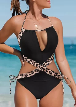 Leopard Halter Tie One-Piece Swimsuit - Black