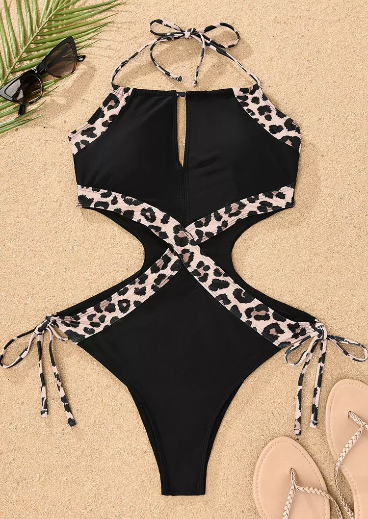 Leopard Halter Tie One-Piece Swimsuit - Black 4 Leopard Halter Tie One-Piece Swimsuit - Black - Image 2