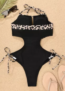 Leopard Halter Tie One-Piece Swimsuit - Black 7 Leopard Halter Tie One-Piece Swimsuit - Black -Garment Sale Store SCM013484 4 30171479975306 124