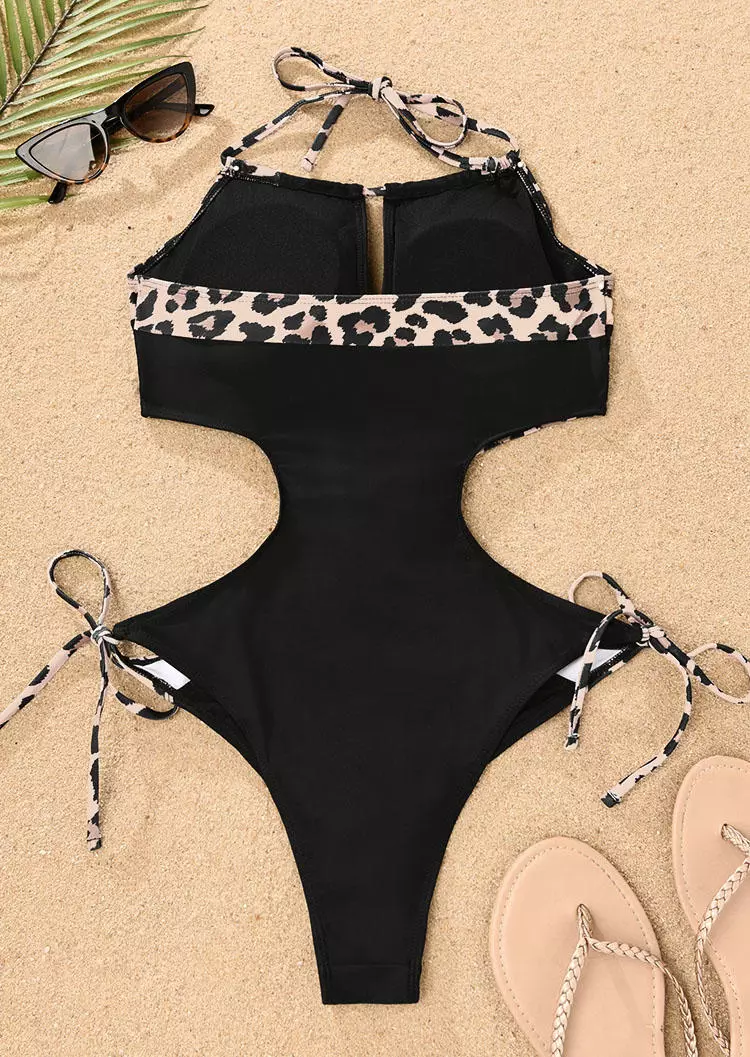 Leopard Halter Tie One-Piece Swimsuit - Black 5 Leopard Halter Tie One-Piece Swimsuit - Black - Image 3