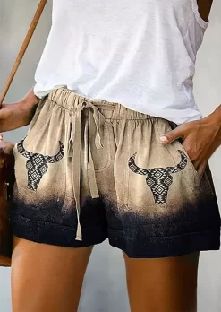 Aztec Geometric Steer Skull Pocket Tie Shorts