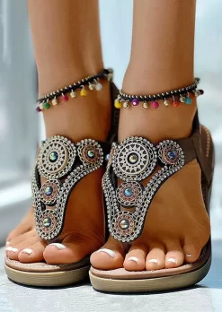 Rhinestone Ethnic Flat Thong Sandals Without Anklet - Brown -Garment Sale Store SCM013584 1 22883688790761 124