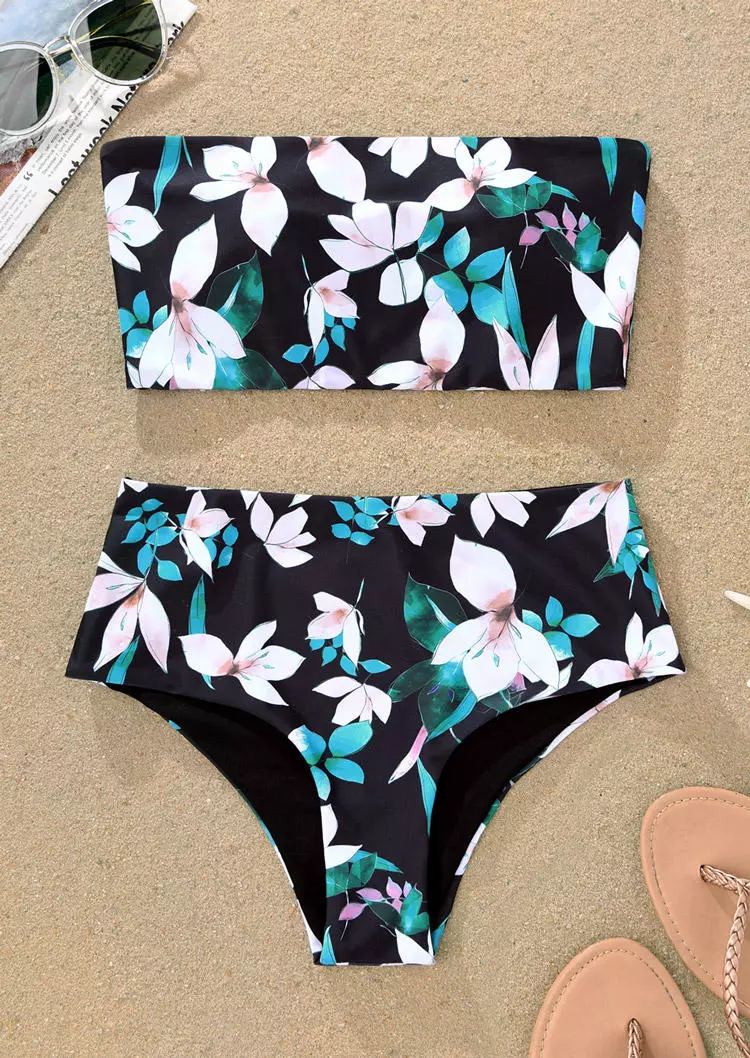 Floral Strapless Bandeau Reversible Bikini Set - Black 4 Floral Strapless Bandeau Reversible Bikini Set - Black - Image 2