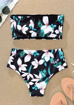 Floral Strapless Bandeau Reversible Bikini Set - Black 7 Floral Strapless Bandeau Reversible Bikini Set - Black -Garment Sale Store SCM013610 1 30628235121268 124