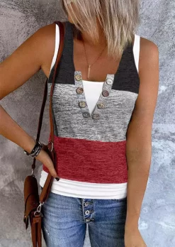 Color Block Button Fake Two-Piece Tank