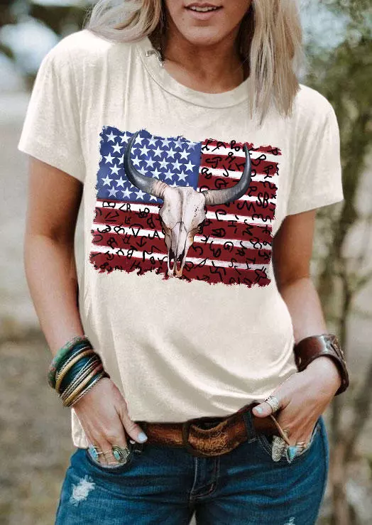 American Flag Steer Skull O-Neck T-Shirt Tee - Apricot 3 American Flag Steer Skull O-Neck T-Shirt Tee - Apricot