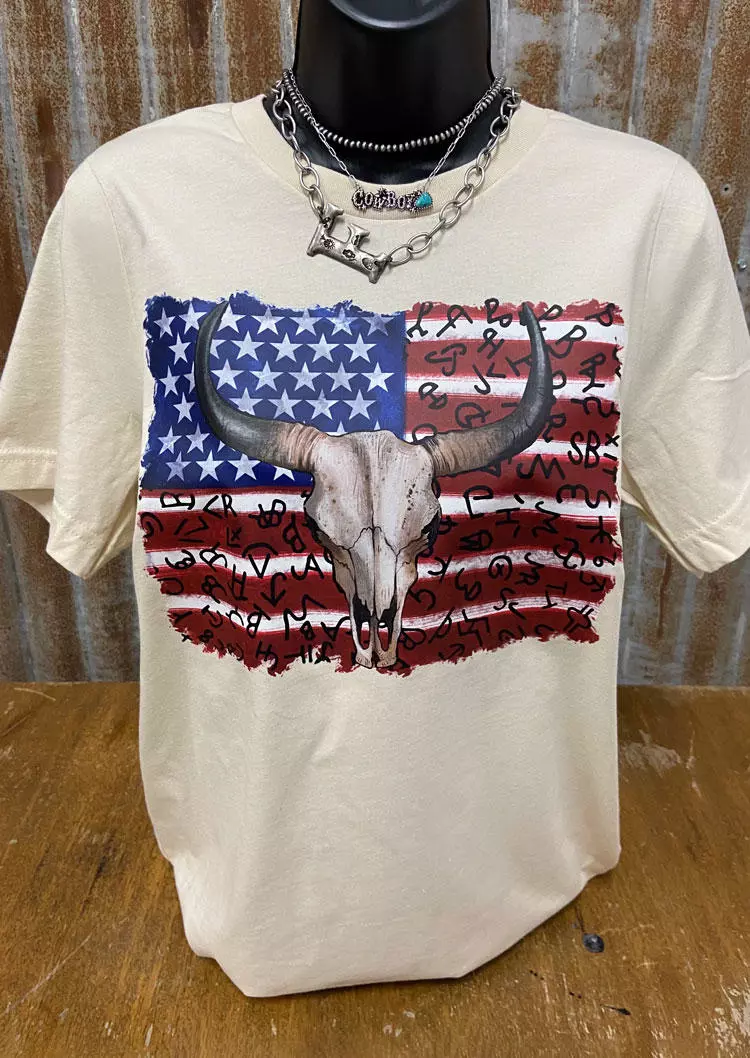 American Flag Steer Skull O-Neck T-Shirt Tee - Apricot 4 American Flag Steer Skull O-Neck T-Shirt Tee - Apricot - Image 2