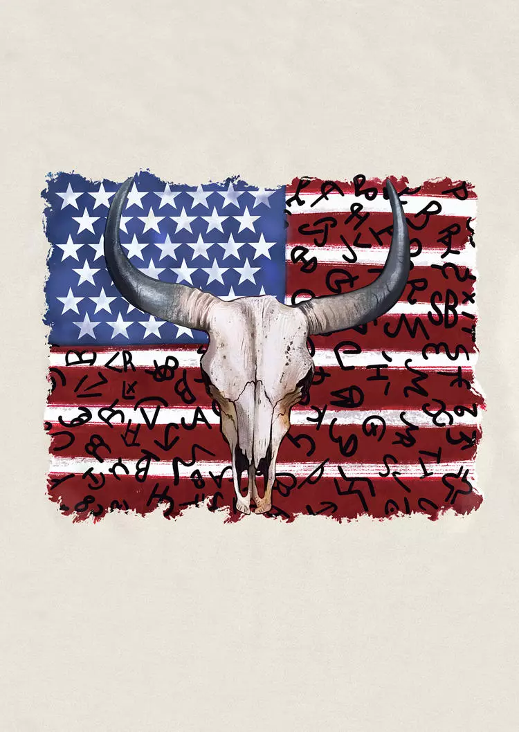 American Flag Steer Skull O-Neck T-Shirt Tee - Apricot 6 American Flag Steer Skull O-Neck T-Shirt Tee - Apricot - Image 4