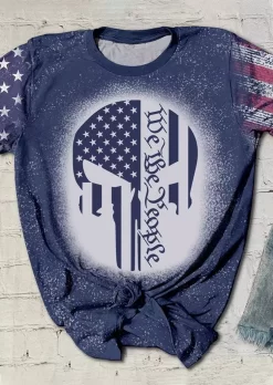 We The People American Flag Skull Bleached T-Shirt Tee - Blue