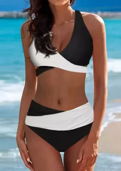 Color Block Ruched Halter Bikini Set