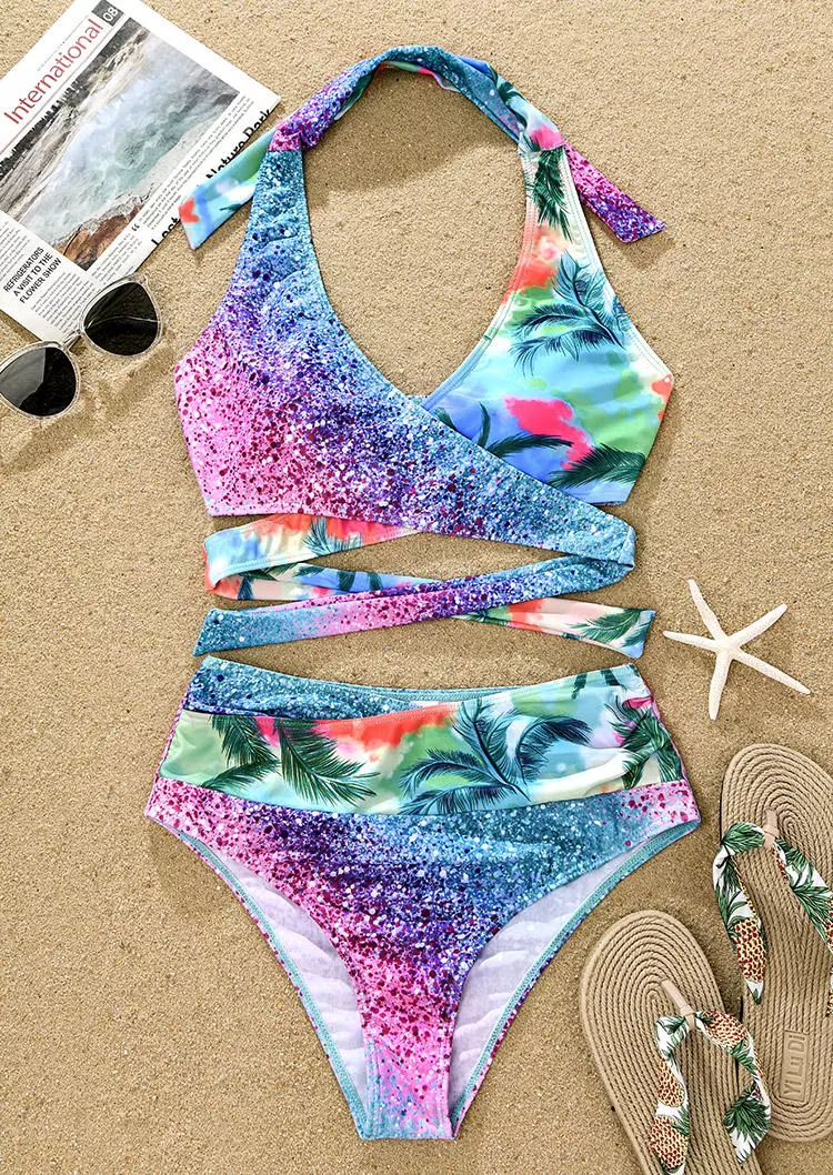 Gradient Glitter Coconut Tree Tie Bikini Set 4 Gradient Glitter Coconut Tree Tie Bikini Set - Image 2