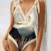 2Pcs Crane Tie Cover Up And One-Piece Swimsuit