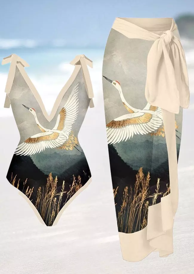 2Pcs Crane Tie Cover Up And One-Piece Swimsuit 4 2Pcs Crane Tie Cover Up And One-Piece Swimsuit - Image 2