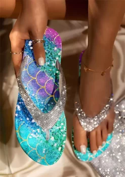 Rhinestone Fish Scales Glitter Flat Flip Flops Slippers