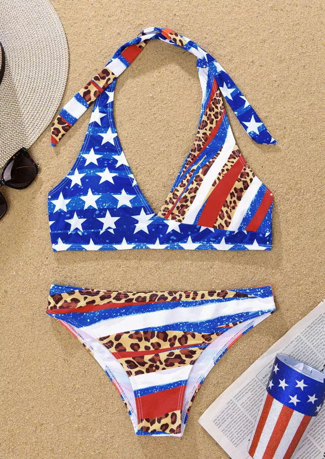 Leopard American Flag Halter Bikini Set 4 Leopard American Flag Halter Bikini Set - Image 2