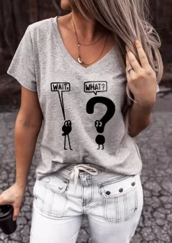 Wait What Graphic V-Neck T-Shirt Tee - Gray