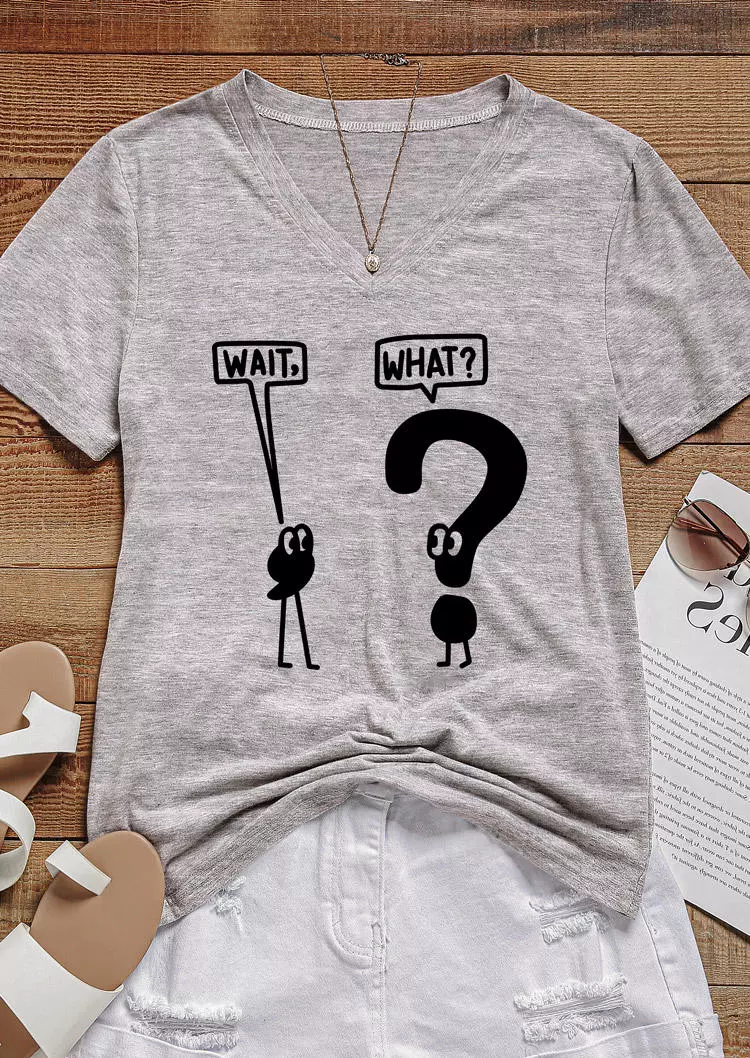 Wait What Graphic V-Neck T-Shirt Tee - Gray 4 Wait What Graphic V-Neck T-Shirt Tee - Gray - Image 2