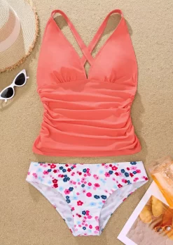 Ditsy Floral Criss-Cross Ruched Tankini Set - Orange -Garment Sale Store SCM014018 2 42085783396265 124