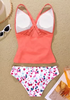 Ditsy Floral Criss-Cross Ruched Tankini Set - Orange -Garment Sale Store SCM014018 2 42085783425770 124