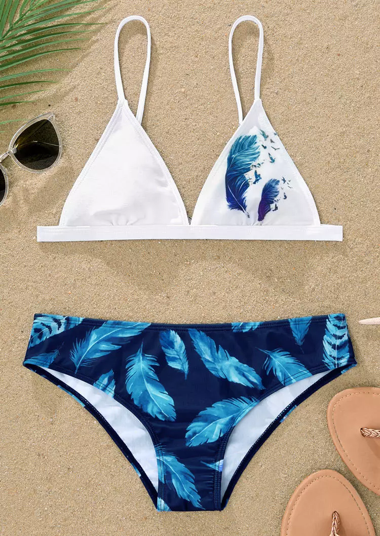 Feather Floral Ruched Adjustable Strap Bikini Set - Blue 4 Feather Floral Ruched Adjustable Strap Bikini Set - Blue - Image 2
