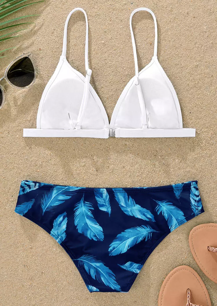 Feather Floral Ruched Adjustable Strap Bikini Set - Blue 5 Feather Floral Ruched Adjustable Strap Bikini Set - Blue - Image 3