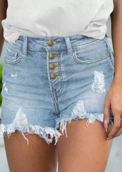 Pocket Button Frayed Denim Shorts - Light Blue