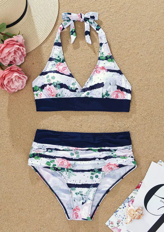 Floral Striped Ruched Halter Tie Bikini Set - White 4 Floral Striped Ruched Halter Tie Bikini Set - White - Image 2