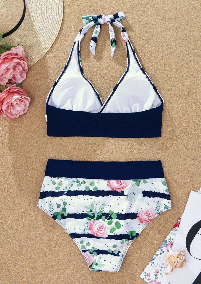 Floral Striped Ruched Halter Tie Bikini Set - White 5 Floral Striped Ruched Halter Tie Bikini Set - White - Image 3