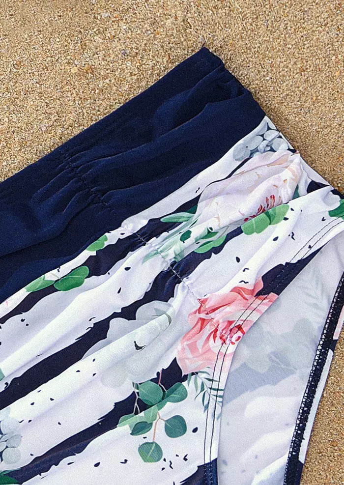 Floral Striped Ruched Halter Tie Bikini Set - White 6 Floral Striped Ruched Halter Tie Bikini Set - White - Image 4