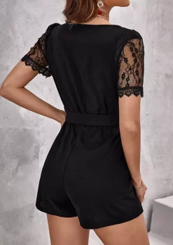 Lace Splicing Tie V-Neck Romper - Black 8 Lace Splicing Tie V-Neck Romper - Black -Garment Sale Store SCM014313 3 32300807229007 124